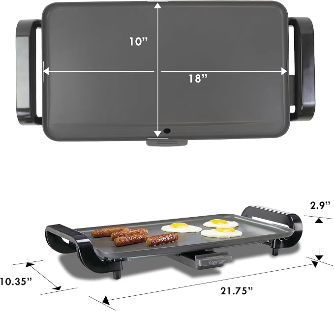 Kenmore Electric Griddle NonStick 1500W Adjustable Temperature 10"x18" Easy to Clean Large Cooking Surface Ideal for Pancakes Grilled Cheese Breakfast and Family Meals