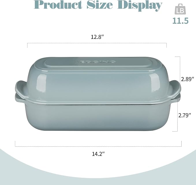 EDGING CASTING Enameled Cast Iron Loaf Pan with Lid, Bread pan, Dutch Oven Bread pan for Homemade Sourdough Bread Baking, 12.5x5.5 inch, 5qt, Seasalt