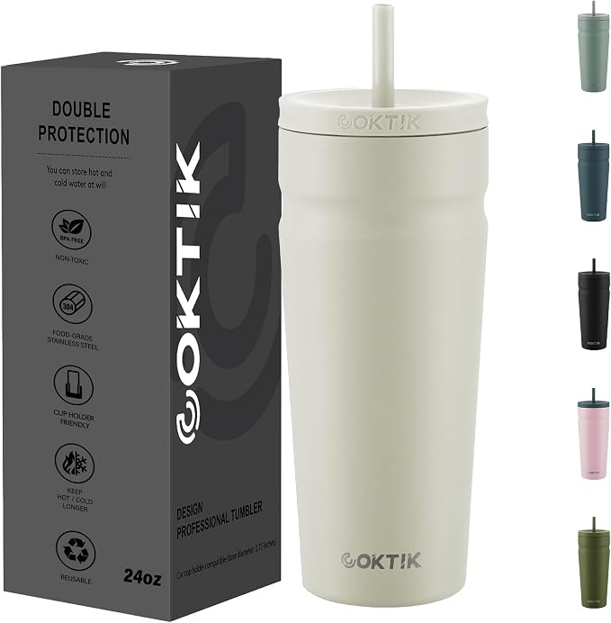 COKTIK 24oz Insulated Tumbler with Lid and Straw Iced Coffee Cup Reusable Stainless Steel Travel Mug Water Bottle Cupholder Friendly for Women Men Her Him (Almond Birch)