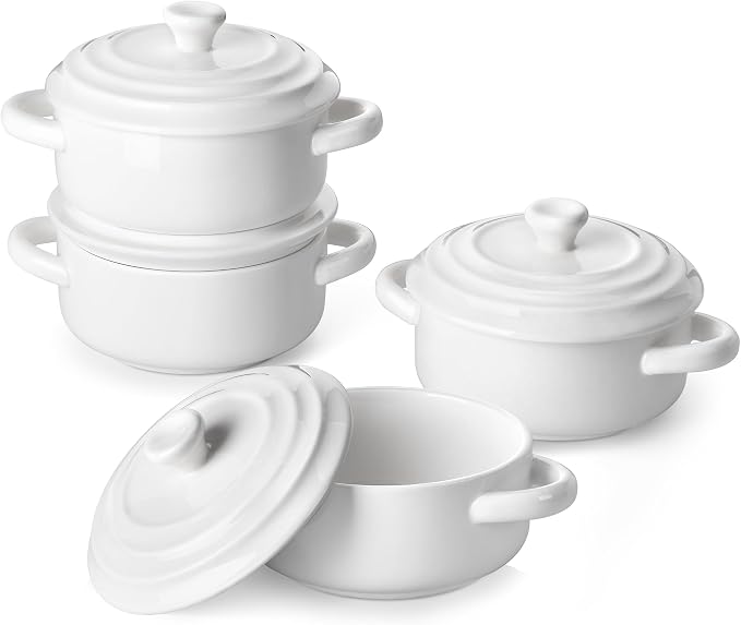 MALACASA Mini Cocotte Set of 4, 14 OZ Ceramic Casserole Dishes with Lids | Single Serving Small Dutch Oven Set, Lasagna, Soufflé, French Onion Soup, Pudding, Oven, Dishwasher Safe with Handles, White