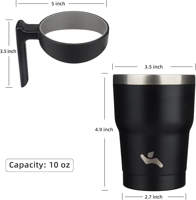 Konokyo 10 oz Tumbler with Handle and Straw, Insulated Travel Mug | Black; BPA-free, leak-proof tumbler with 2 lids, 2 straws, cup holder fit for coffee, office, travel & daily use