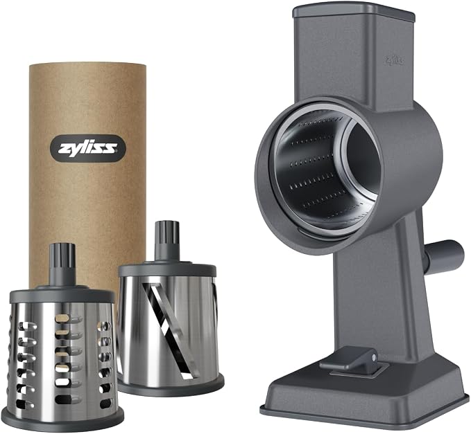 Zyliss Rotary Cheese Grater - Includes Universal & Gourmet Drums for Grating Cheese, Vegetables, Chocolates, Nuts & Fruits - Includes Non-Slip Suction Foot and Table Clamp - 2 Steel Drums