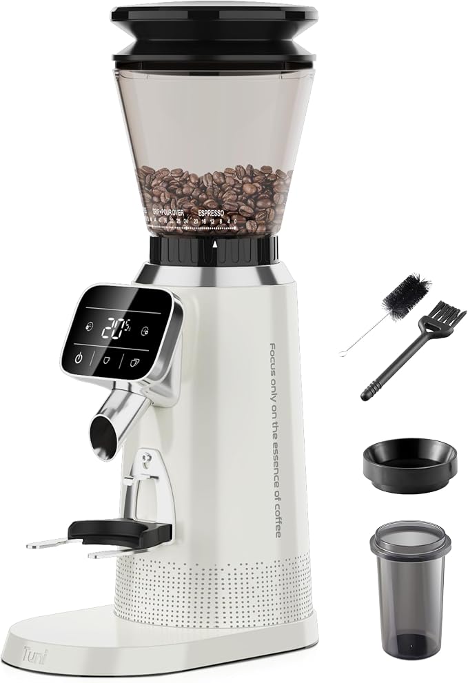 Tuni G2 Conical Burr Coffee Grinder with 70 Grind Settings, Ivory | Anti-static Burr Mill, Precision Electronic Timer and LED Touchscreen for Espresso/Drip/Cold Brew/French Press