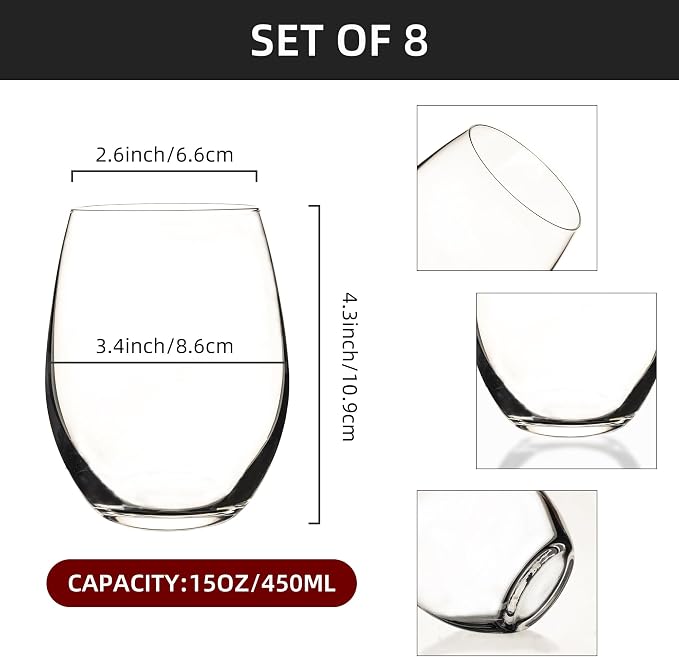 Set of 8 - Stemless Wine Glasses, 15 Oz Smooth Rim Standard Wine Glass Tumbler for Red, White Wine, Dishwasher Safe