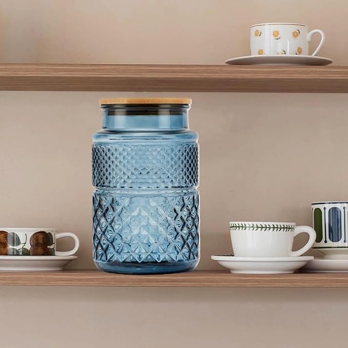 60 FL oz/0.5 Gal Glass Jar with Vintage Pattern and Airtight Lid,Set of 2 | Kitchen Pantry Thick Glass Container for Flour Sugar Cookie Coffee Laundry Pods, Wide Mouth Opening and Airtight Bamboo lid
