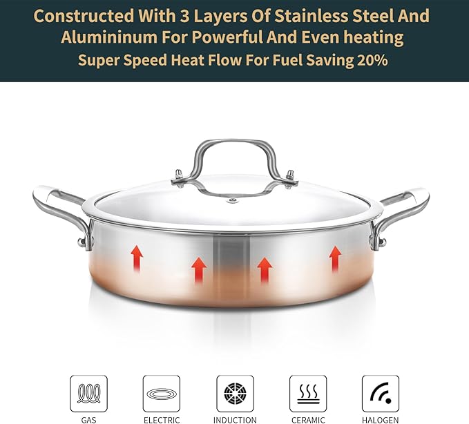 Yeksum 8-Quart Saute Pan with Lid | 13-Inch 3-Ply 18/10 Stainless Steel Deep Fry Pan & Large Skillet, Healthy Non-Toxic Cookware, Oven & Dishwasher Safe