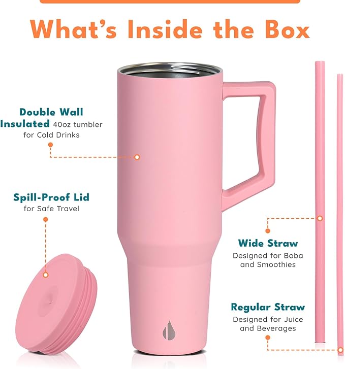 Elemental Spill Proof 40oz Insulated Tumbler with Handle & Straw Travel Mug | Stainless Steel Commuter Travel Coffee Mug for Cold Beverages, Includes 2 Straws & a Spill Proof Lid for Everyday Use