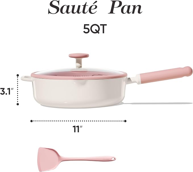 CAROTE 11 Inch Nonstick Deep Frying Pan with Lid, 5 Qt Chef Saute Pan with Pour Spout, Skillet Induction Cookware, Non Stick Cooking Pan Kitchen Pan, Healthy & PFOA/PFAS Free, Includes Spatula, Pink