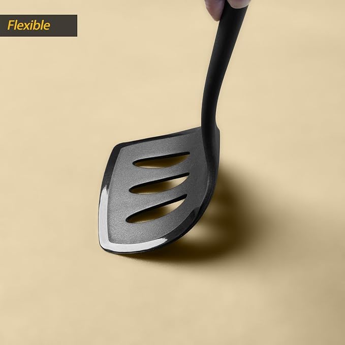 Silicone Pancake Spatula Turner with Lengthened Handle& Seamless Design, Heat Resistant Slotted Flipper for Nonstick Cookware, Large Flexible Kitchen Utensils for Egg, Pancake, Burger, Slotted Black
