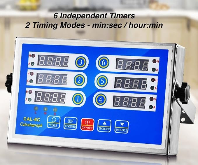 6-Channel Commercial Kitchen Timer, Professional LED Digital Timer for Cooking, Loud Alarm Volume +/-, Heavy Duty Stainless Steel Large Timers with Waterproof Panel & Memory Function