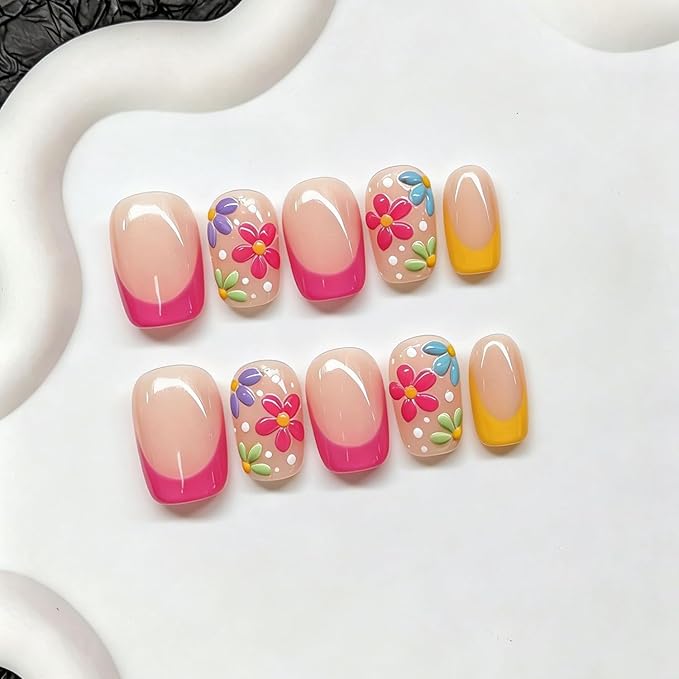 Colorful Flower Press on Nails Muti-Layer Gel Thick Handmade Press on Nails Short Square Acrylic Nails Spring Summer False Nails Full Cover Rose Pink Glossy Acrylic False Nails for Women (M)