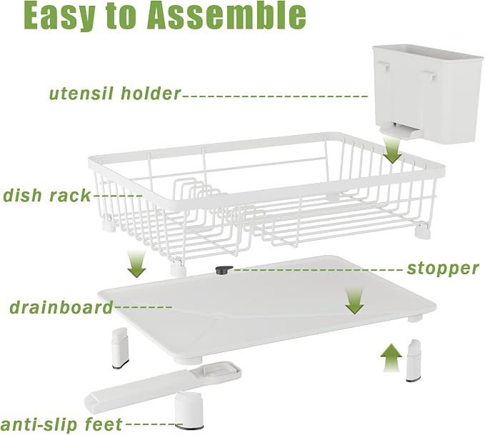 Dish Drainer Rack with Drip Tray, Sink Dish Drainer with Drainage Spout, Stainless Steel Dish Drying Rack with Cups, Utensil & Cutting Board Holders for Kitchen Counter Space-Saving, White