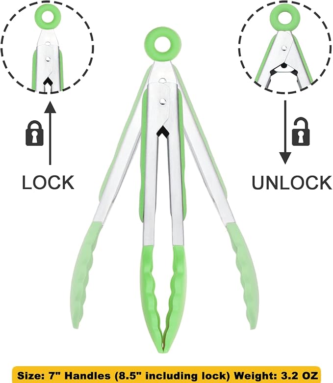 HINMAY Mini Tongs with Silicone Tips 7" Cooking Tongs, Set of 3 (Green)