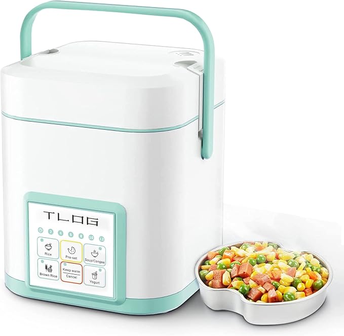 TLOG Mini Rice Cooker, 1.2L with Ceramic-Coated Pot, 2.5-Cup Uncooked | Food steamer, 12-hour delay timer, compact size for 1-2 people, for rice, grains, oatmeal, dorm rooms and travel