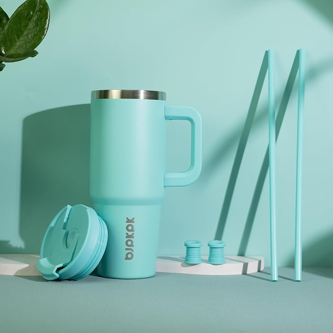 BJPKPK 40 oz Insulated Tumbler with Handle & Straw, Stainless Steel | Double Wall Vacuum Insulation, Leak Proof, BPA Free, Dishwasher Safe, Cupholder Friendly, Travel & Outdoor, Turquoise