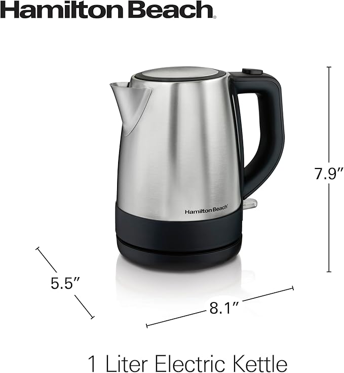 Hamilton Beach 1 Liter Electric Tea Kettle, Water Boiler & Heater | Fast Boiling 1500 Watts | BPA Free | Cordless Serving | Auto-Shutoff & Boil-Dry Protection | Mesh Filter | Stainless Steel