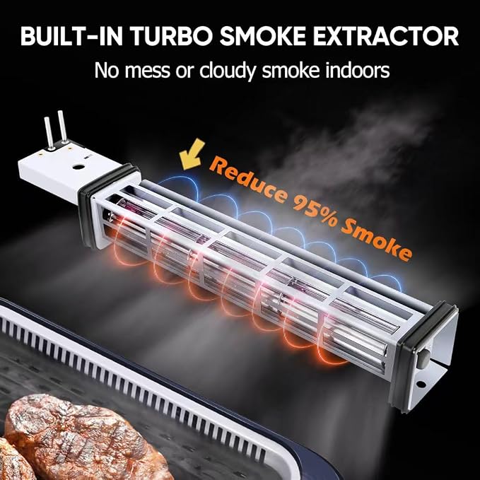 Electric Indoor Grill Griddle, CUSIMAX Smokeless Grill, Blue | with Turbo Smoke Extractor Technology, Smart LED Display & Adjustable Temperature, Non-stick Removable Plate & Griddle Plates