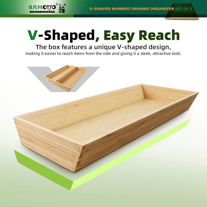 BAMOTTO CRAFTBAMBOO Long V-Shaped Bamboo Drawer Organizer Set of 2 | Silverware & Cutlery Tray | Flatware & Utensil | Kitchen & Bathroom | Narrow Fit | 19.6"×12.4" & 19.6"×7.8"
