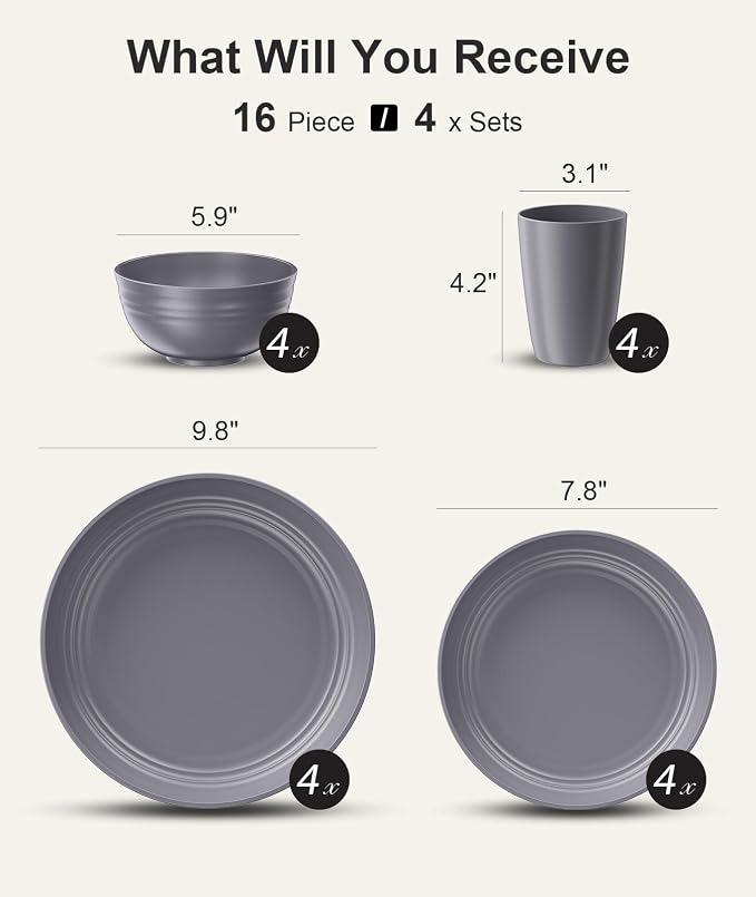 Quatish 16 Piece Plates and Bowls Sets for 4, Unbreakable Dinnerware Sets, Plastic Dish Set for Camping, Dishwasher Microwave Safe, Outdoor Kitchen and Apartment Dorm Dinning RV Essentials, Grey
