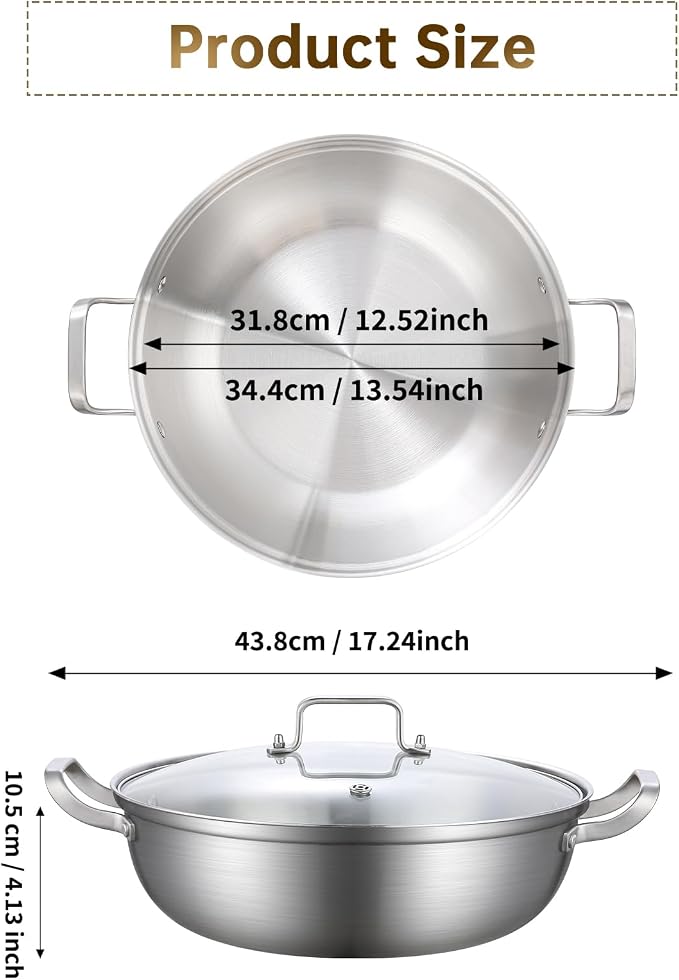Yeksum Tri-Ply Stainless Steel Saute Pan,Deep Frying Pan with lid,Compatible with All Cooktops Up to 650℉, Everyday Pan,Hot Pot,Kadhai,Induction Cooking Pot,Dishwasher and Oven Safe. (7QT)