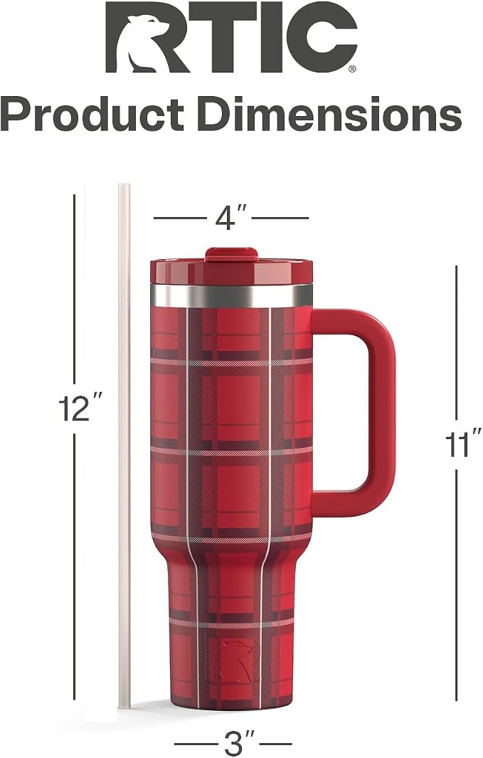 RTIC 40 oz Road Trip Tumbler Double-Walled Cermaic Lined Insulated Stainless Steel Portable Travel Coffee Mug Cup with Lid, Handle and Straw, Red Plaid