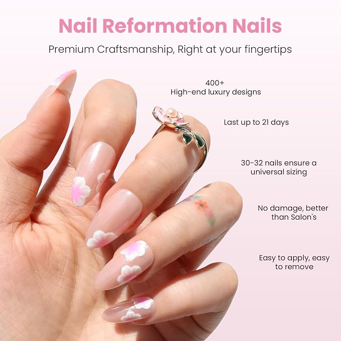 Nail Reformation Press On Nails, Sakura Glow | Medium Almond Fake Nails | Cherry Blossom on Glossy Pink, Salon Quality, Reusable Stick On Nails in 15 Sizes - 30 Nail Kit with Glue, Gifts for Women
