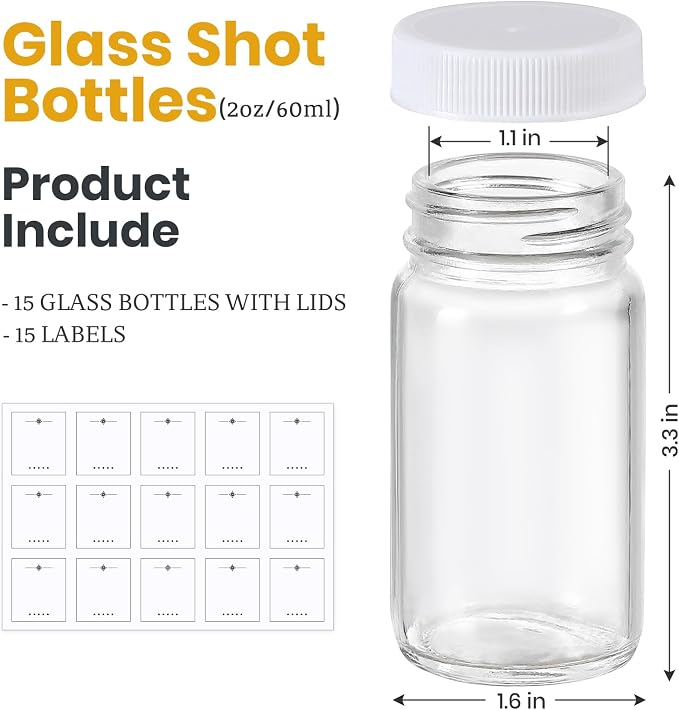 LANDNEOO 15 Pack 2 oz Glass Shot Bottles w/White Lids & 15 Labels - Small Clear Jar for Ginger, Wellness Shot, Juice, Sample, Whiskey - Travel Mini Bottles - Wide Mouth, Leakproof, Dishwasher Safe