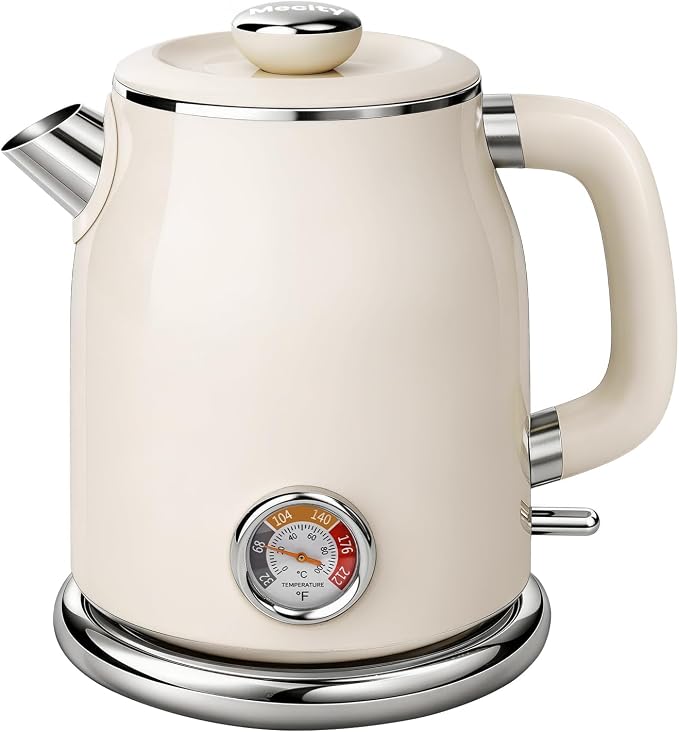 Mecity Retro Electric Kettle 1.7L, Stainless Steel Interior, Food-Grade Silicone Water Contact, Double Wall Cool Touch, 1500W Fast Boil, Thermometer (°F/°C), Wide Opening, Cream