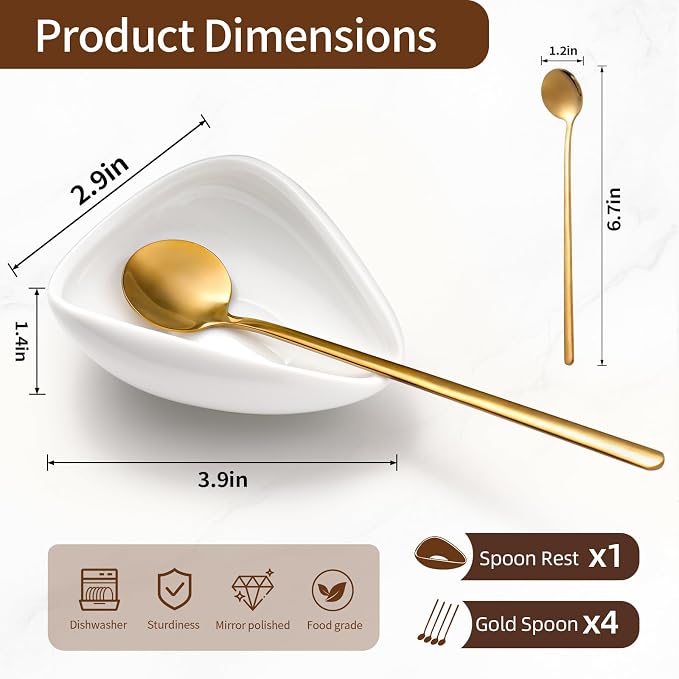 Coffee Bar Accessories: Espresso Accessories - Coffee Stirrers for Hot Cocoa Bar Supplies - Set of 4 Gold Decor Coffee Spoons with 1 Ceramic Spoon Rest - Ideal CoffeeLover Gifts