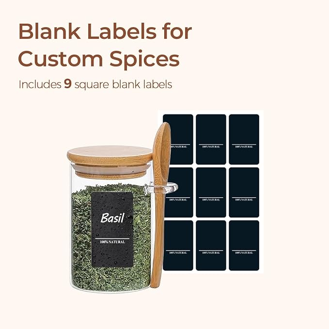 ComSaf Glass Spice Jars with Spoons 8 oz 6 Pack Round with Labels | Labels, Empty Containers, Seasoning Herbs Powder, Salt Pepper Chili, Spice Rack Organization, Loose Tea Storage