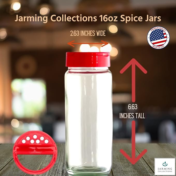 Premium Glass Spice Shakers - 16 oz Versatile Seasoning and Spice Dispenser with Sifting Lids for Popcorn, Cheese, Cinnamon, and Salt, Made in USA