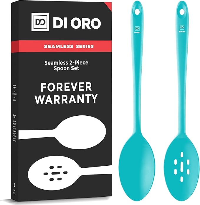 DI ORO Silicone Cooking Spoons - Solid & Slotted Set, 2-Pc Teal | Large heads for mixing, serving, and stirring; Heat-resistant to 600F for nonstick cookware; BPA-free and dishwasher safe