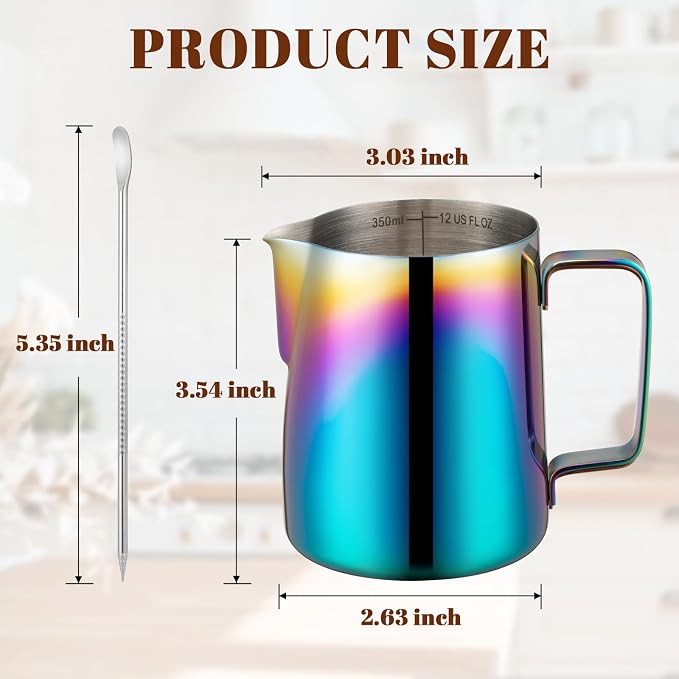 Amrules Milk Frothing Pitcher, 12 oz Milk Frother Cup with Clear Scale, 304 Stainless Steel Cappuccino Espresso Machine Accessories for Barista Coffee Bar with Latte Art Pen, Multicolor