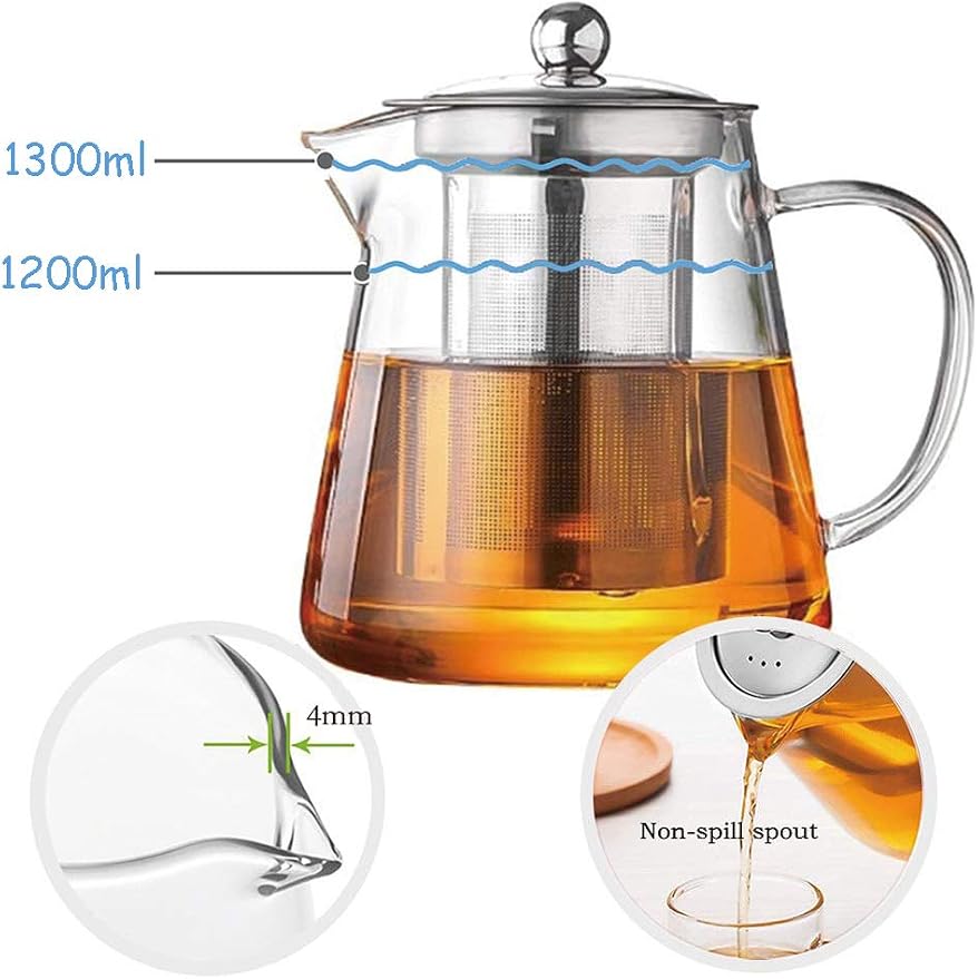 TMOST Glass Teapot with Infuser Tea Pot 1300ml/43oz Tea Kettle Stovetop Safe Blooming and Loose Leaf Tea Maker Set (43oz/ 1300ml)
