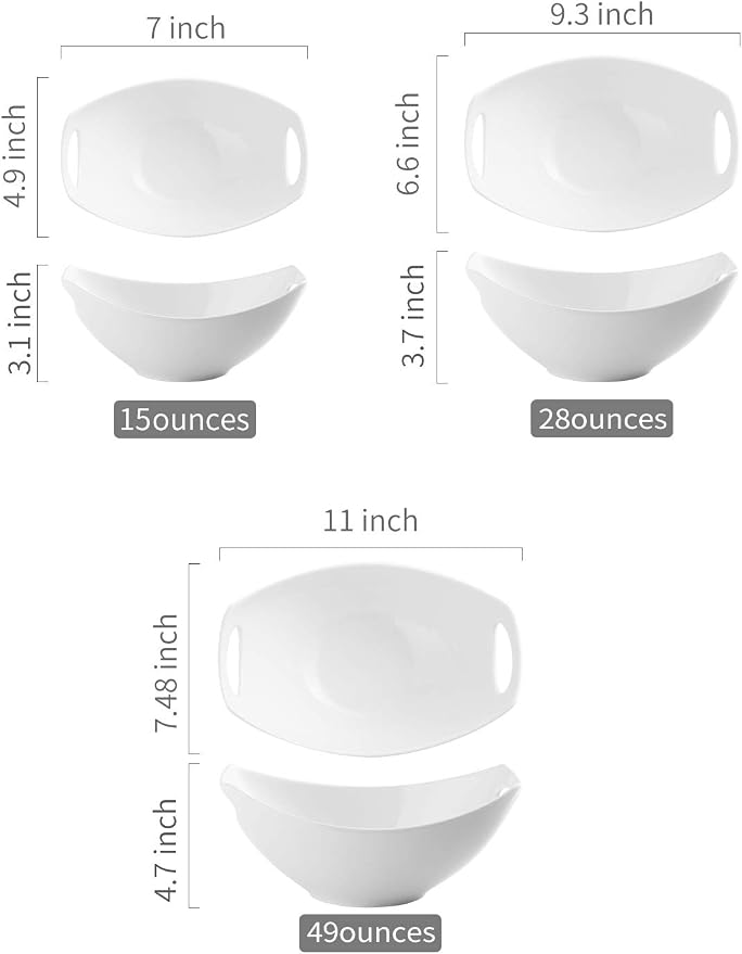 LAUCHUH Serving Bowls with Handles, Porcelain Serving Dishes Nesting Bowls | Mixing Bowls Set Salad Bowls for Entertaining, Thanksgiving, Baby Shower, Party, Set of 3, Microwave Safe, 15/28/49 oz, White