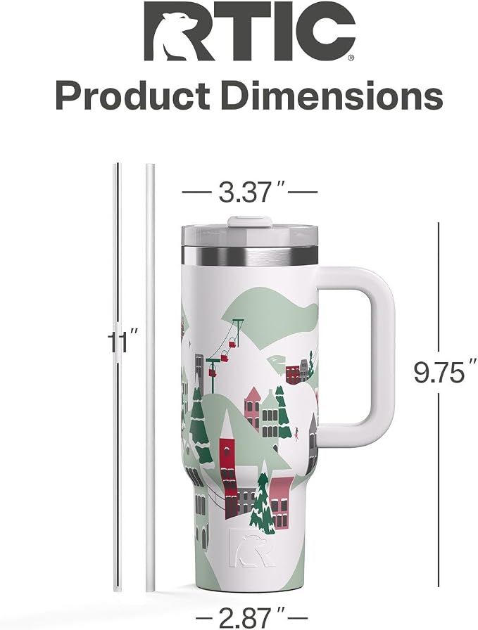 RTIC 30 oz Road Trip Tumbler Double-Walled Ceramic Lined InsulatedStainless Steel Portable Travel Coffee Mug Cup with Lid, Handle and Straw, Apres Ski