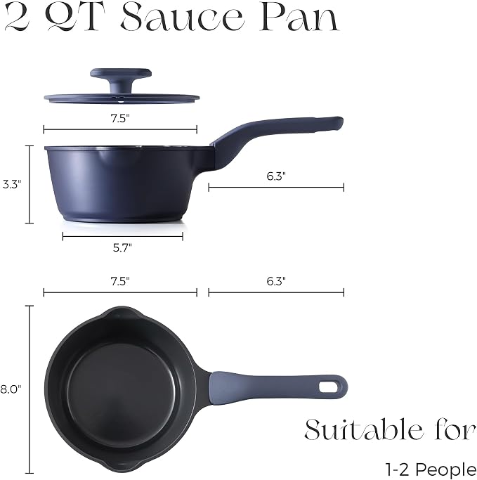 PRICUSIS Ceramic Nonstick Saucepan with Lid, 2 Quart Non Toxic Pot with Pour Spouts, Full Coated, 100% Dishwasher Safe, Induction Compatible, PTFE PFAS & PFOA Free, Blueberry Mist