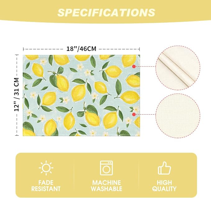 Artoid Mode Blue Lemon Flower Floral Summer Placemats Set of 4,12x18 Inch Seasonal Spring Table Mats for Party Kitchen Dining Decoration