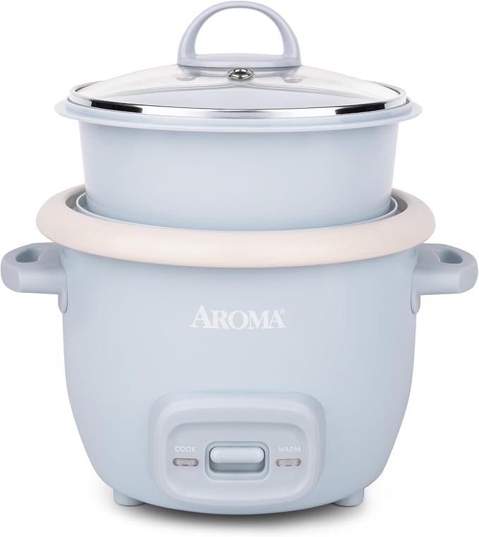 AROMA CoreCoat™ Mini Rice Cooker (3 Cups Cooked) with Nonstick Ceramic Pot Coating, Glass Lid, and Pop-Up Steamer Tray, 0.8 Quart