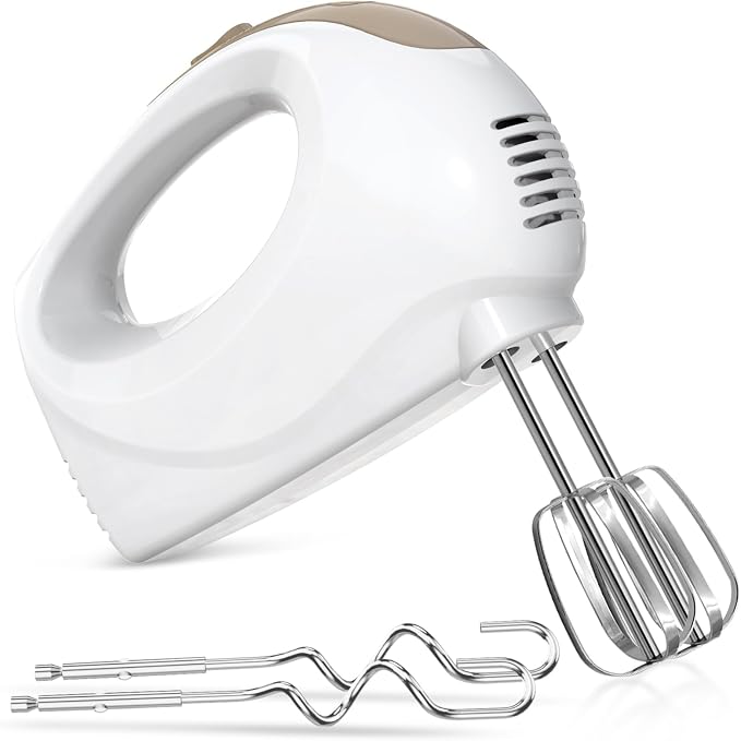 Showvigor Electric Hand Mixer with 5 Stainless Steel Whisks,5 Speed, White | Portable Kitchen Mixer Electric Whisk, Food Beater for Whipping Mixing Cookies