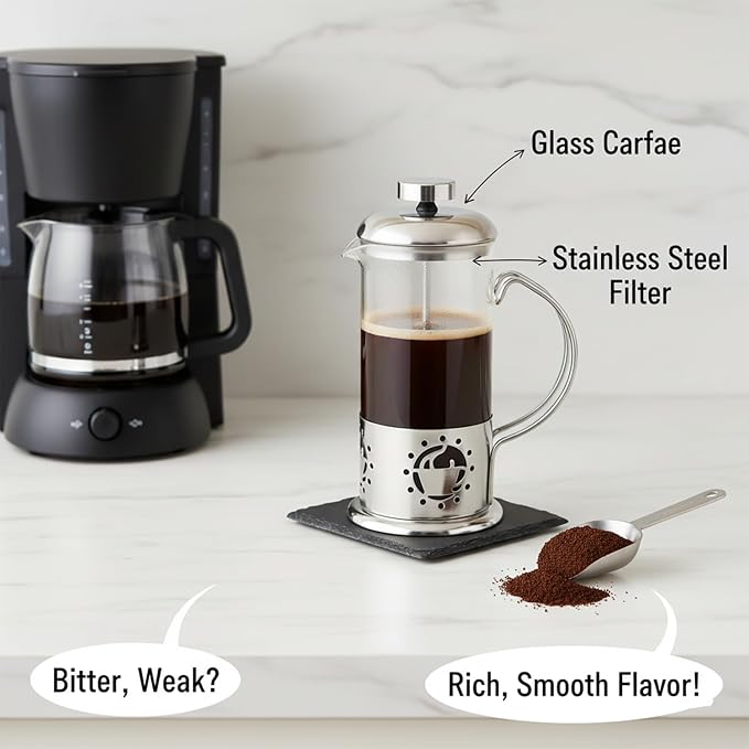 Single Serve French Press Coffee Maker - 12 oz Glass & Stainless Brewer | Portable 1-Cup Manual Coffee Press With Fine Mesh Filter, Mini Brewer For Home, Travel or Camping, Great For Loose Tea.
