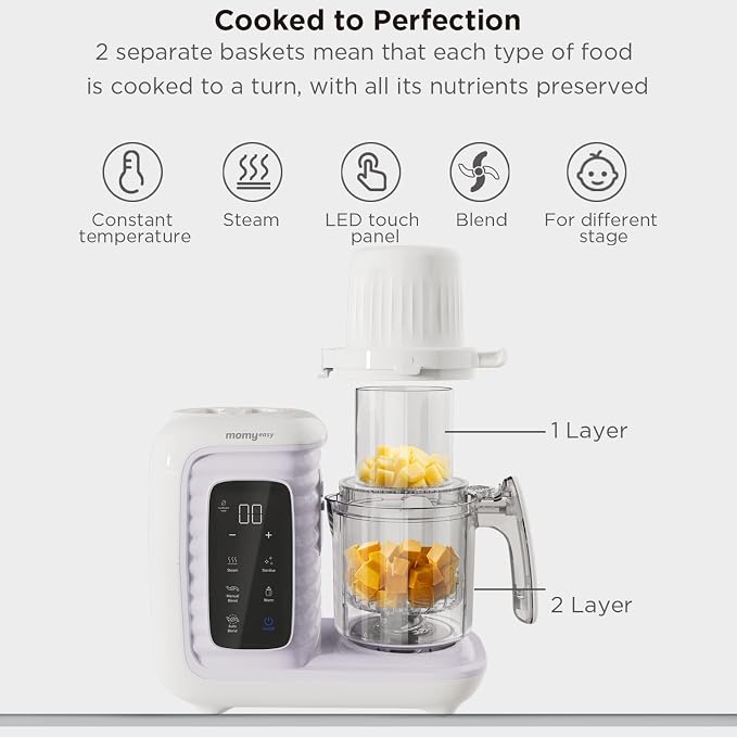MOMYEASY Baby Food Maker, Food Steamer with Dual-Layer Steam Basket, White | 5 in 1 Baby Food Processor, Steamer & Blender for Healthy Homemade Baby Food, Baby Feeding Essentials