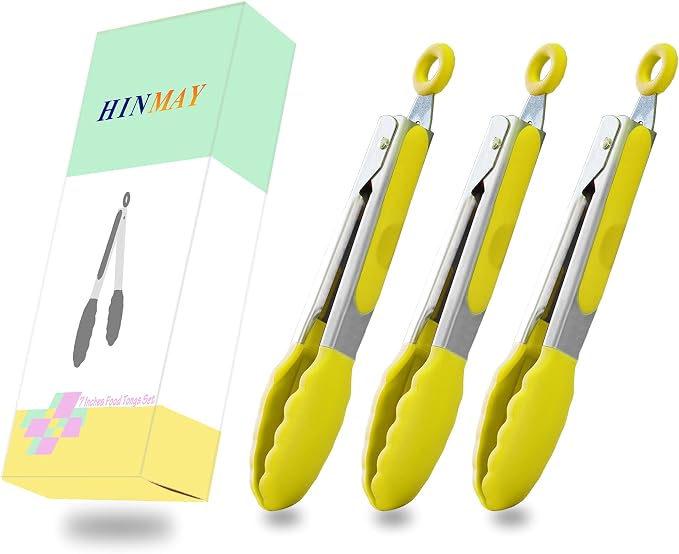 HINMAY Small Appetizer Tongs 7" Silicone Kitchen Tongs, Set of 3 (Yellow)