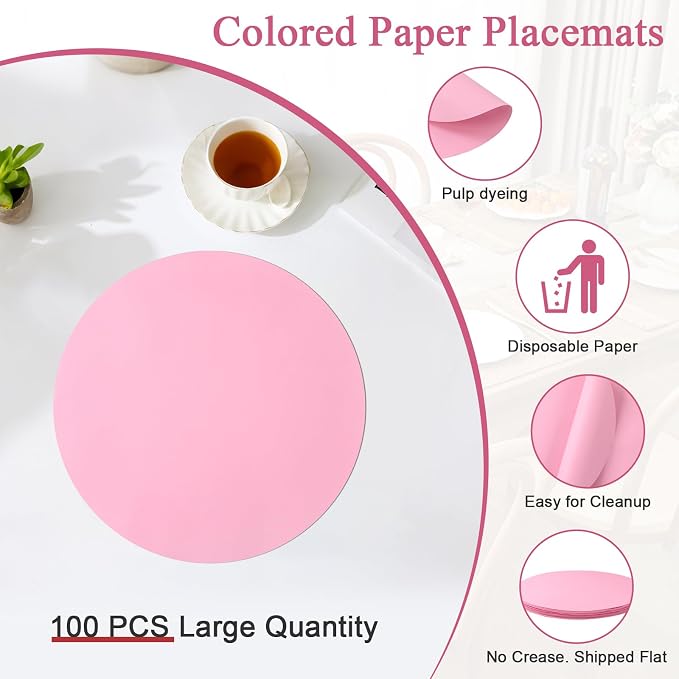SHACOS 100 pcs Round Paper Placemats Disposable 13 inch Colored Paper Place Mats for Wedding Birthday Party Bridal Baby Shower Table Decoration, Light Pink (Pack of 2)