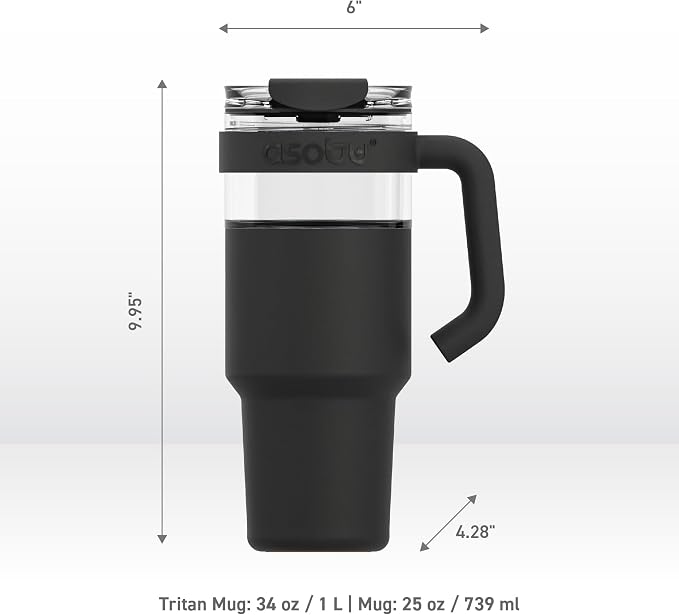 asobu Extra Large Travel Explorer Tumbler for Hot and Cold with Stainless Steel Removable Coffee Mug Sleeve - Straw and Flip Open Sip Spout, 34 oz / 25 oz (Black)