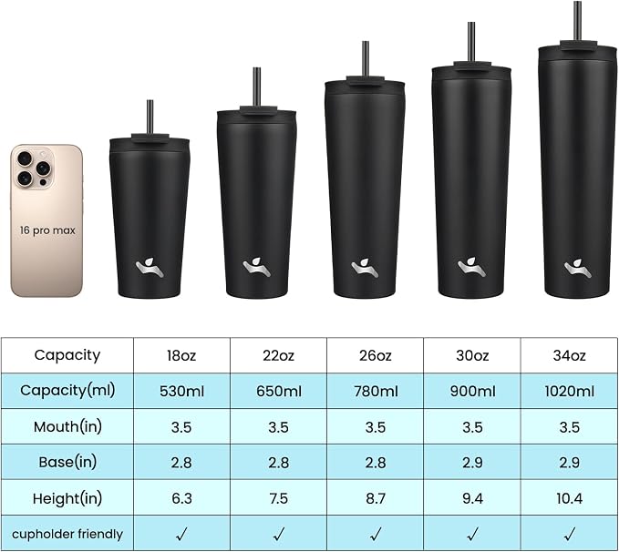 Konokyo 26 oz Insulated Tumbler Water Bottle with Straw Lid, Black | Stainless steel insulated tumbler for coffee, water and iced drinks; spill-proof lid, 2 straws, cup-holder friendly