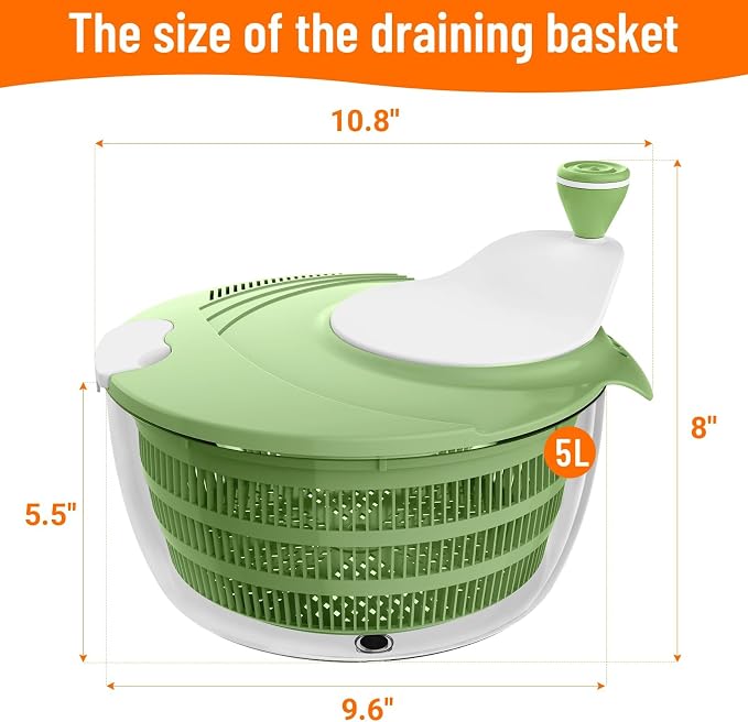 Salad Spinner Lettuce Spinner with Drainage Holes, 5 Chopping Blades, Green | 5.3 QT Large High Efficiency Fruit Vegetable Washer Dryer, Easy Press Kitchen Tool for Leafy Vegetables
