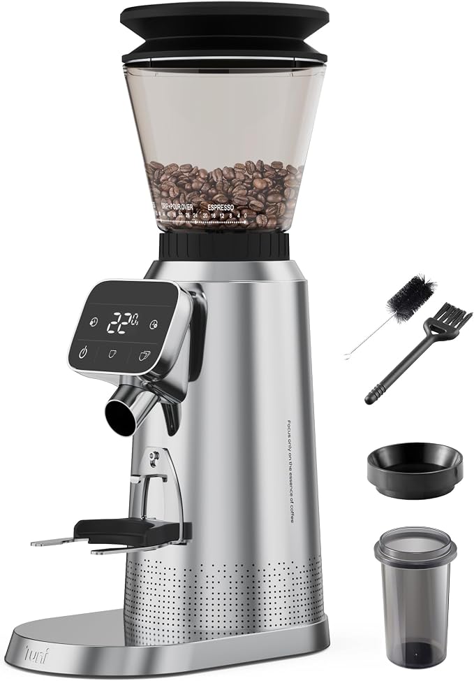 Tuni G2 Conical Burr Coffee Grinder, 70 Grind Settings, Stainless Steel | Electronic Anti-static Burr Grinder with Precision Timer LED Touchscreen for Espresso/Drip/Cold Brew/French Press, Silver