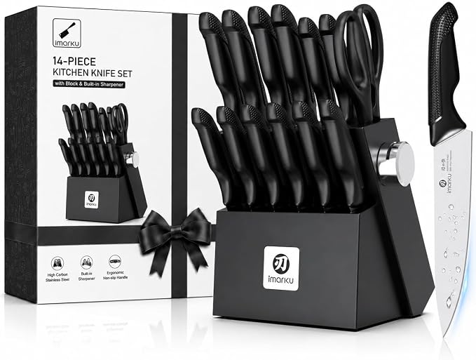 imarku 14-Pieces Stainless Steel Knife Set with Build-in Sharpener，Black | Kitchen Knife Set with Block|15°Precision Edge|56±2 HRC Hardness|Built-in sharpener|Ergonomic handles|Dishwasher safe