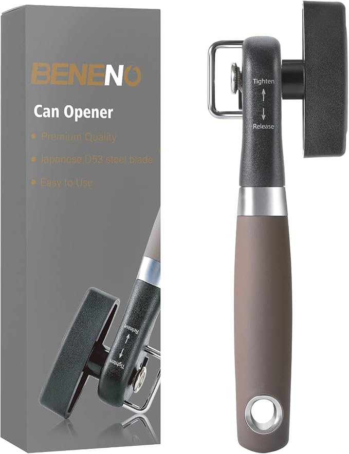 Beneno Can Opener, Manual Side Safe Cut Can Opener Smooth Edge, Brown | Durable Sharp DC53 Steel Cutting Blade, Clean Cut with no Sharp Can Edges, Big Effort-Saving Knob, Comfortable Non-Slip Grip